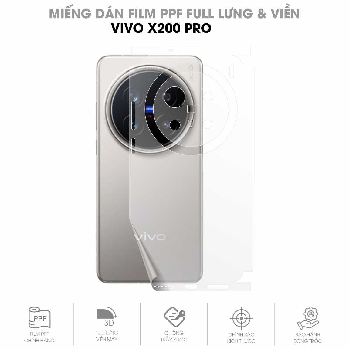Miếng Dán PPF Vivo X200 Pro Mặt Lưng Full Viền