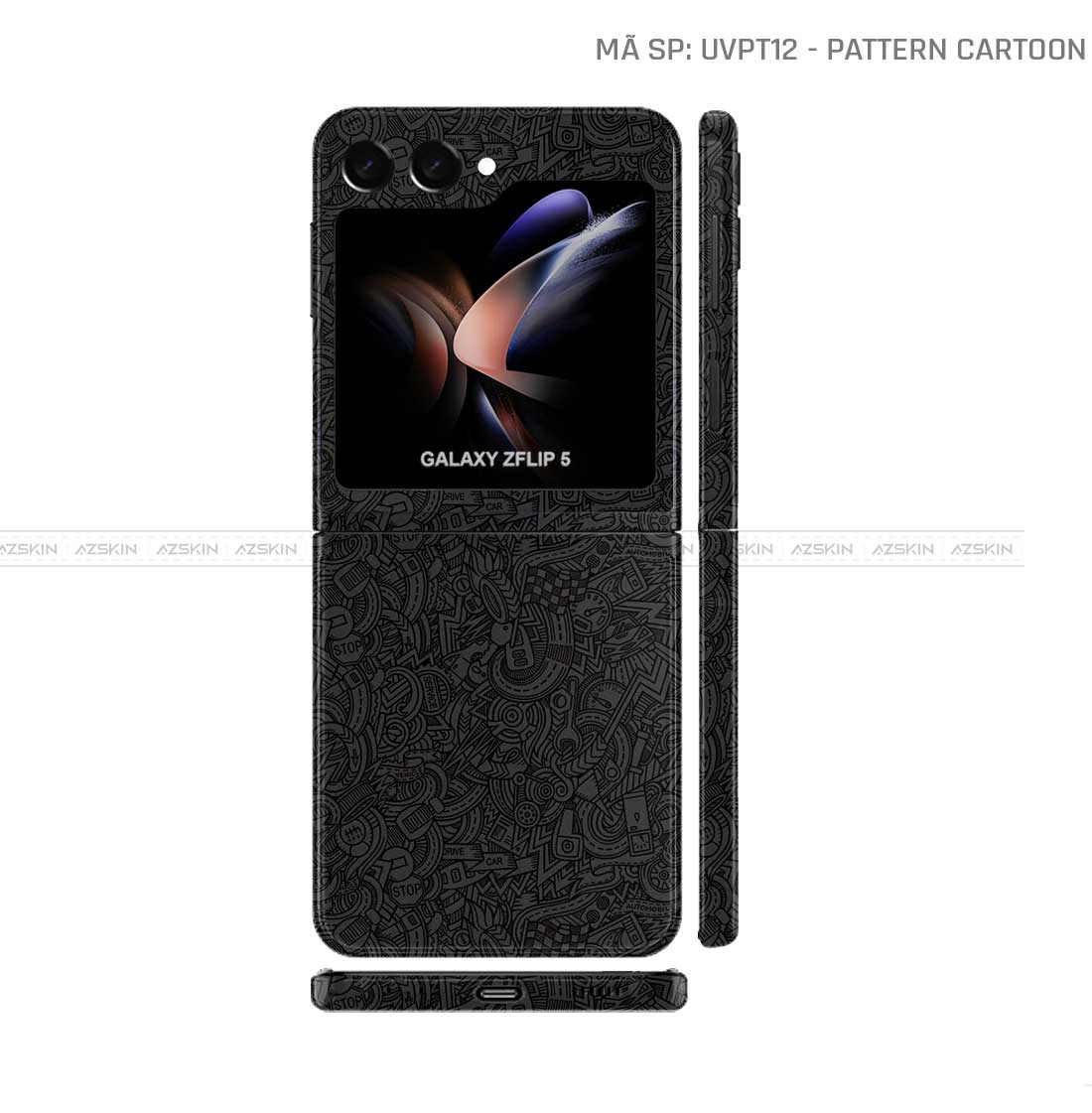 Dán Skin Galaxy Z Flip 6 Vân Nổi Pattern Cartoon Đen | UVPT12