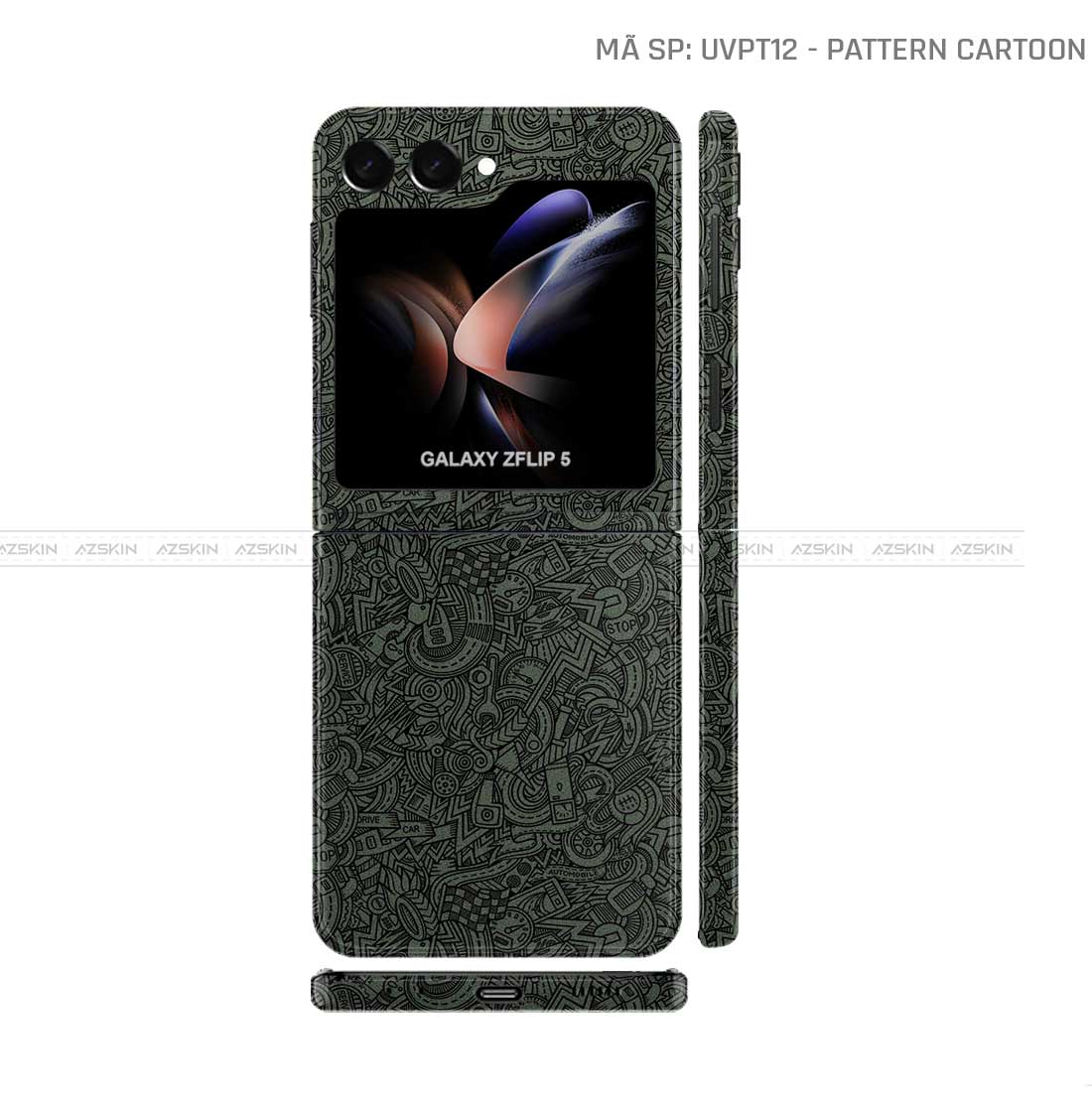Dán Skin Galaxy Z Flip5 Vân Nổi Pattern Cartoon Xanh | UVPT12