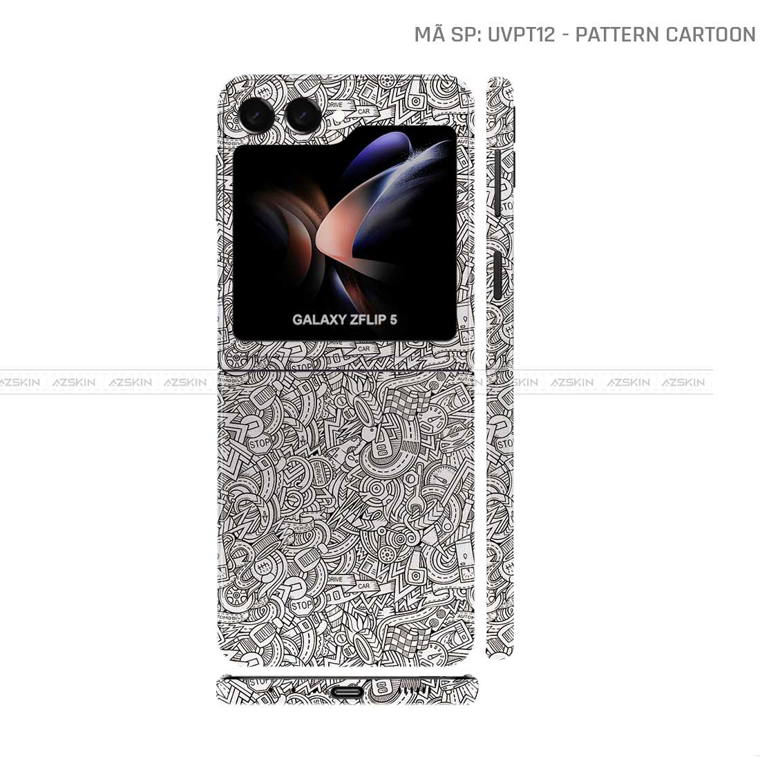 Dán Skin Galaxy Z Flip 6 Vân Nổi Pattern Cartoon Trắng | UVPT12